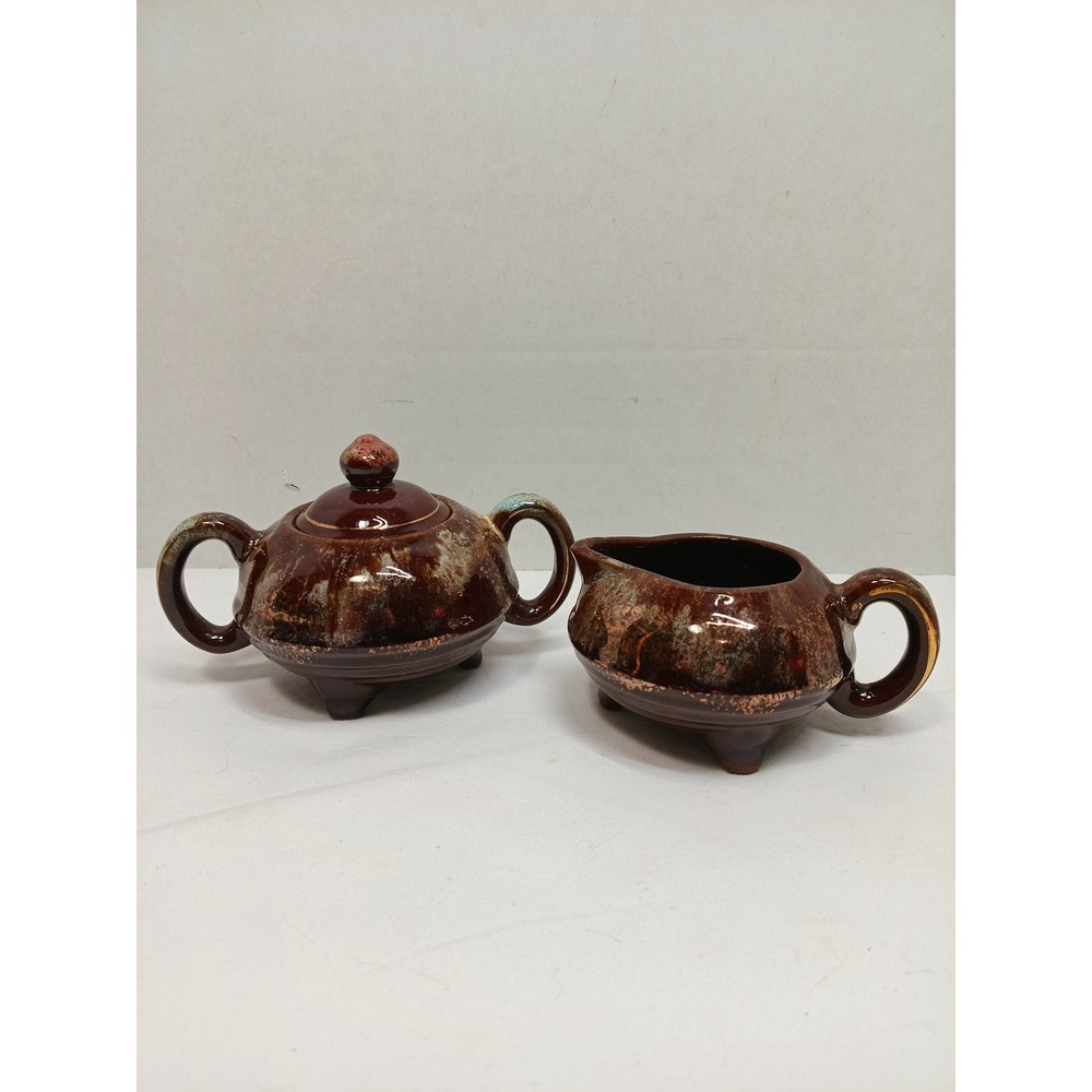 Vintage Drip Glaze Sugar Bowl and Creamer Set Brown Teal Footed Pottery MCM
